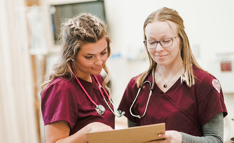 Two nurses working together with a clipboard