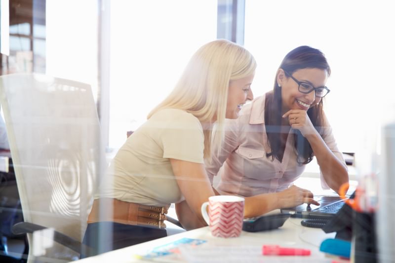 A business analyst is sitting at a desk with a colleague, explaining a business strategy.