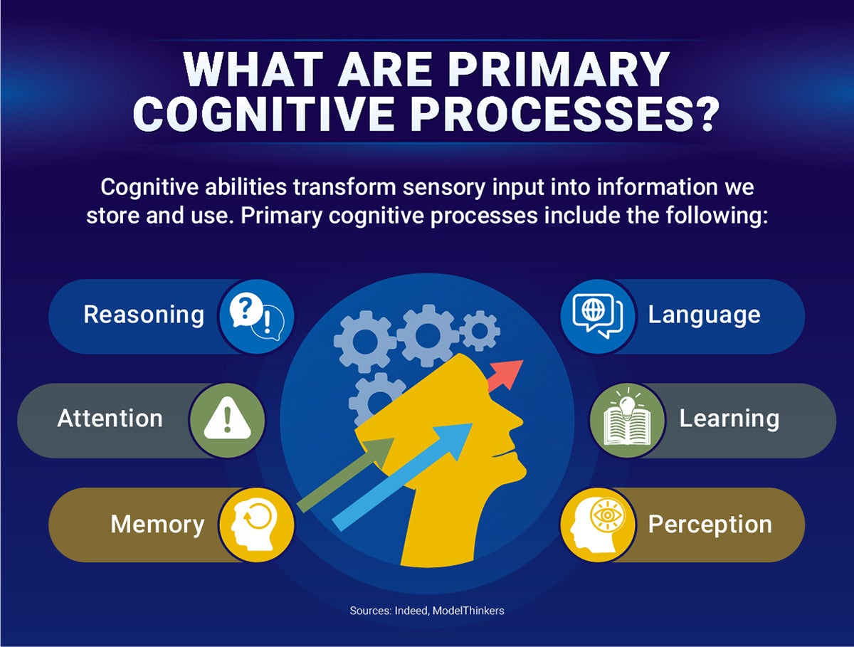 What are primary cognitive processes? Cognitive abilities transform sensory input into information we store and use. Primary cognitive processes include reasoning, attention, memory, language, learning, perception.