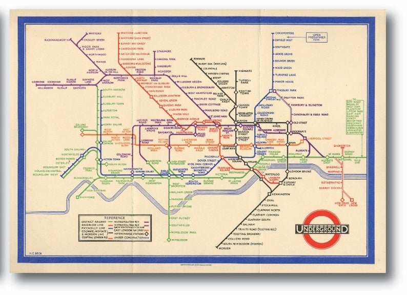 The London Underground map, depicting each station on each train line in neat, straight lines.