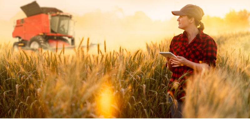 A farmer stands in a field holding a digital tablet.