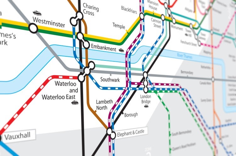 A close up of a map of the London Underground.