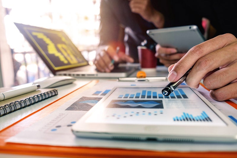 Image of a data analytics professional using a laptop and consulting graphs.