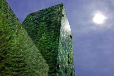 An office building shows reflections of green trees against the sky.